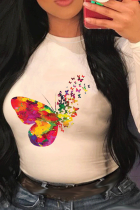 White Street Print Butterfly Print Patchwork O Neck Tops