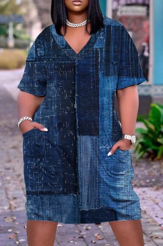 Dark Blue Casual Print Patchwork Pocket V Neck Short Sleeve Dress