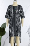 Black Casual Print Patchwork Buttons O Neck Straight Dresses