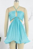 Sky Blue Sexy Solid Hollowed Out Patchwork Backless Fold Halter A Line Dresses