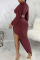 Burgundy Sexy Solid Patchwork Asymmetrical V Neck Long Sleeve Two Pieces