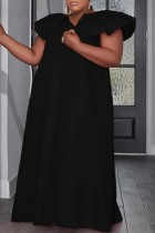 Black Casual Solid Patchwork V Neck Long Dress Plus Size Dresses