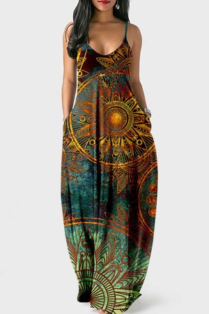 Green Sexy Casual Print Backless Long Dress Dresses