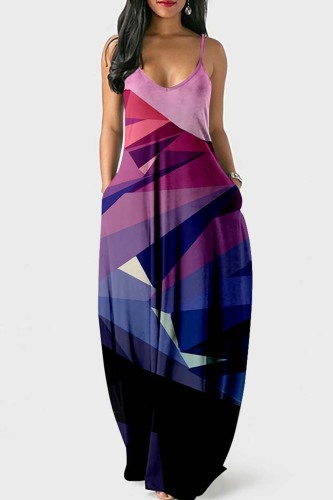 Fuchsia Sexy Casual Print Backless Spaghetti Strap Long Dress Dresses