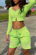 Fluorescent Green Casual Sportswear Print Patchwork Zipper Collar Long Sleeve Two Pieces