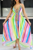 Green Sexy Vacation Print Patchwork Backless Halter A Line Dresses