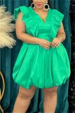 Green Plus Size Casual Sweet Solid Hollowed Out Flounce V Neck Bud