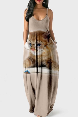Khaki Sexy Casual Print Backless Spaghetti Strap Long Dress Dresses