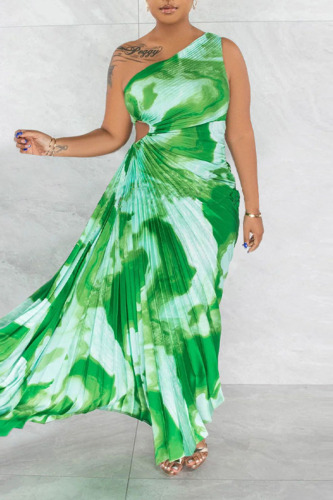 Green Street Print Patchwork Fold Asymmetrical Oblique Collar Straight Dresses