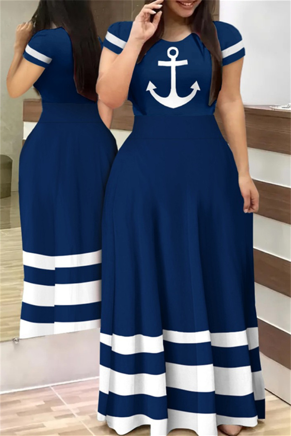 Blue Casual Simplicity Print Basic Printing O Neck T-shirt Dress Dresses
