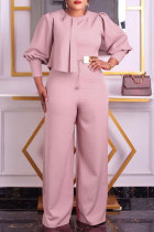 Pink Casual Solid Patchwork O Neck Regular Jumpsuits