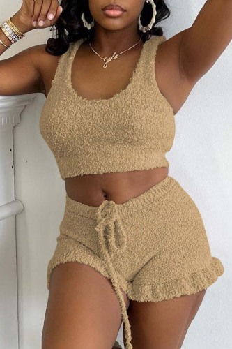 Khaki Sexy Casual Solid Basic U Neck Sleeveless Two Pieces