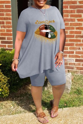 Grey Casual Print Basic O Neck Short Sleeve Two Pieces