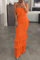 Tangerine British Style Celebrities Solid Flounce Strapless Cake Skirt Dresses