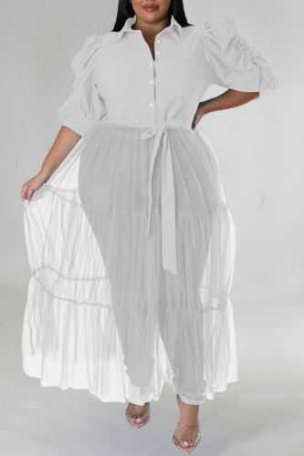 White Casual Plus Size Solid Patchwork Shirt Collar Shirt Dress