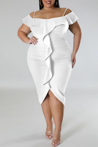 White Formal Office Lady Sleeveess Backless Off the Shoulder Short Sleeve Ruffle Trim Plus Size Bodycon Midi Dresses