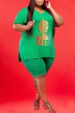 Green Casual Print Slit V Neck Plus Size Two Pieces