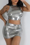 Silver Casual Solid Bandage O Neck Sleeveless Two Pieces