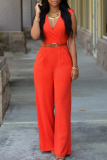 Tangerine Red Casual Solid Patchwork With Belt V Neck Straight Jumpsuits (Contain The Belt)