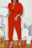 Rose Red Casual Solid Patchwork Turndown Collar Long Sleeve Two Pieces