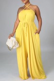 Yellow Casual Solid Bandage Backless Spaghetti Strap Loose Jumpsuits