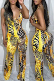Leopard Print Sexy Print Leopard Patchwork Backless Halter Straight Jumpsuits