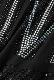 Black Sexy Solid Sequins Patchwork See-through Slit Hot Drill Spaghetti Strap Long Dress Dresses
