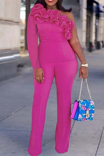 Rose Red Casual Solid Patchwork Backless Oblique Collar Plus Size Jumpsuits