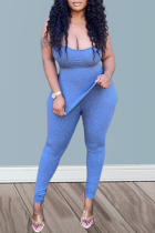 Peacock Blue Sexy Solid High Opening Strapless Sleeveless Two Pieces