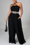 Black Casual Solid Bandage Backless Spaghetti Strap Loose Jumpsuits