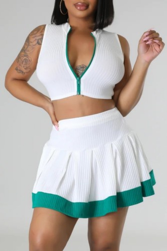 White Casual Solid Patchwork Contrast Zipper Collar Sleeveless Two Pieces