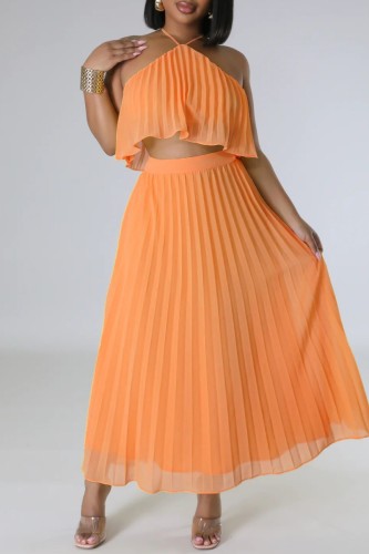 Orange Casual Solid Bandage Backless Pleated Halter Sleeveless Two Pieces