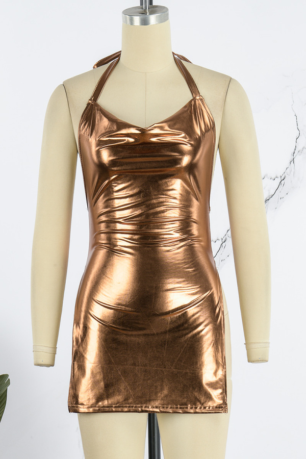 17220 Brown Sleeveless Backless Halter Dress main image 1