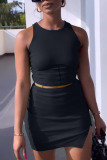 Black Sexy Solid Patchwork Slit O Neck Sleeveless Two Pieces