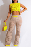 Yellow Sexy Solid Hollowed Out Patchwork O Neck Sleeveless Two Pieces