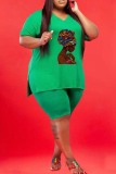 Green Casual Print Slit V Neck Plus Size Two Pieces