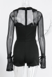 Black Sexy Solid Patchwork See-through Square Collar Skinny Romper