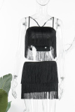 Black Sexy Casual Solid Tassel Patchwork Backless Spaghetti Strap Sleeveless Two Pieces