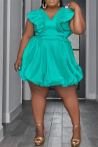 Green Plus Size Casual Sweet Solid Hollowed Out Flounce V Neck Bud