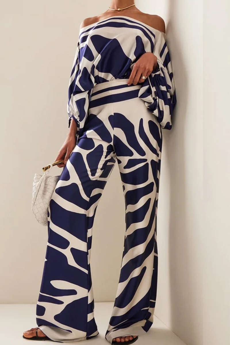Work Elegant Print Patchwork V Neck Long Sleeve Two Pieces