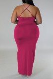 Red Sexy Solid Patchwork Backless V Neck Sling Dress Plus Size Dresses