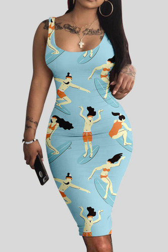 Baby Blue Casual Print Patchwork U Neck Vest Dress Dresses
