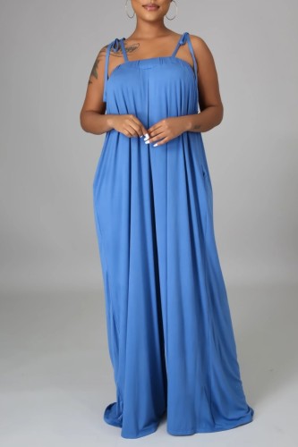 Blue Casual Solid Bandage Backless Spaghetti Strap Loose Jumpsuits