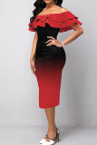 Red Sexy Gradual Change Print Patchwork Flounce Off the Shoulder One Step Skirt Dresses