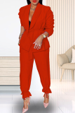 Rose Red Casual Solid Patchwork Turndown Collar Long Sleeve Two Pieces