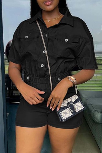 Black Casual Solid Patchwork Turndown Collar Regular Romper