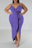 Light Purple Sexy Solid Patchwork Backless V Neck Sling Dress Plus Size Dresses