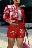 Red Casual Print Patchwork Buckle Long Sleeve Two Pieces