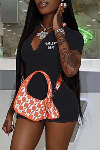 Black Casual Letter Print Basic Zipper Collar Skinny Romper