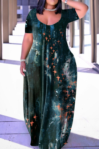 Tibetan Blue Casual Print Basic V Neck Short Sleeve Dress Dresses